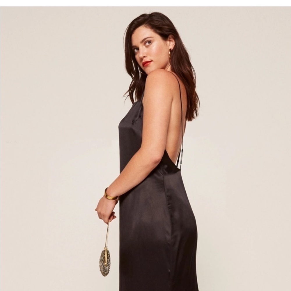 NWT Reformation Black Rosie Silk Slip Maxi Open Back Thin Strap Dress SIZE XS
